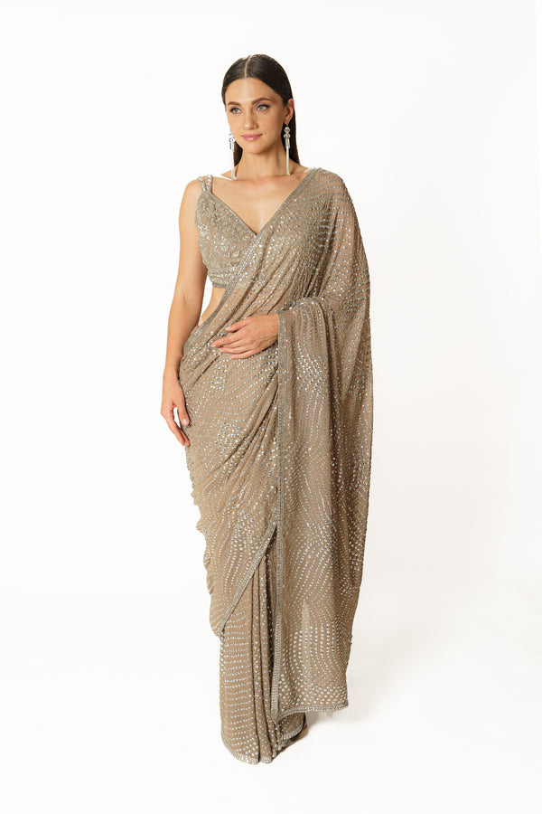Zaynab silver grey shimmer jaal sari