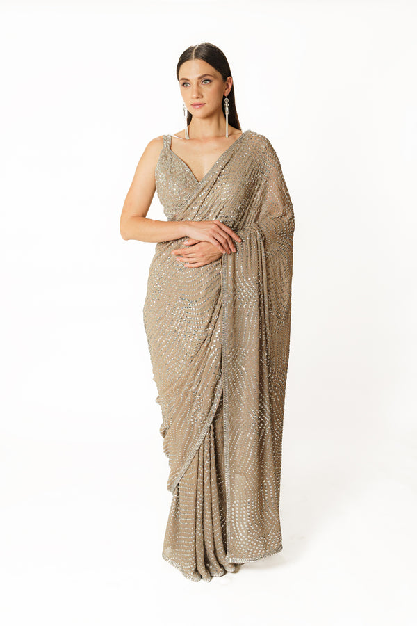 Zaynab silver grey shimmer jaal sari