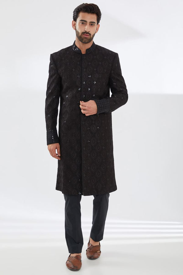 BLACK LEAF DESIGN THREAD WORK SHERWANI WITH BLACK PRINT INTERLING WITH SEQUINS COLLAR AND CUFF