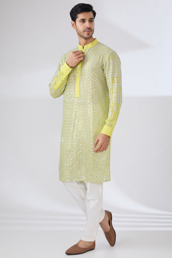 NEON YELLOW GEORGETTE UNLINED KURTA FULLY FRONT SILVER EMBROIDERED WITH BACK HALF EMBROIDERED AND PANTS