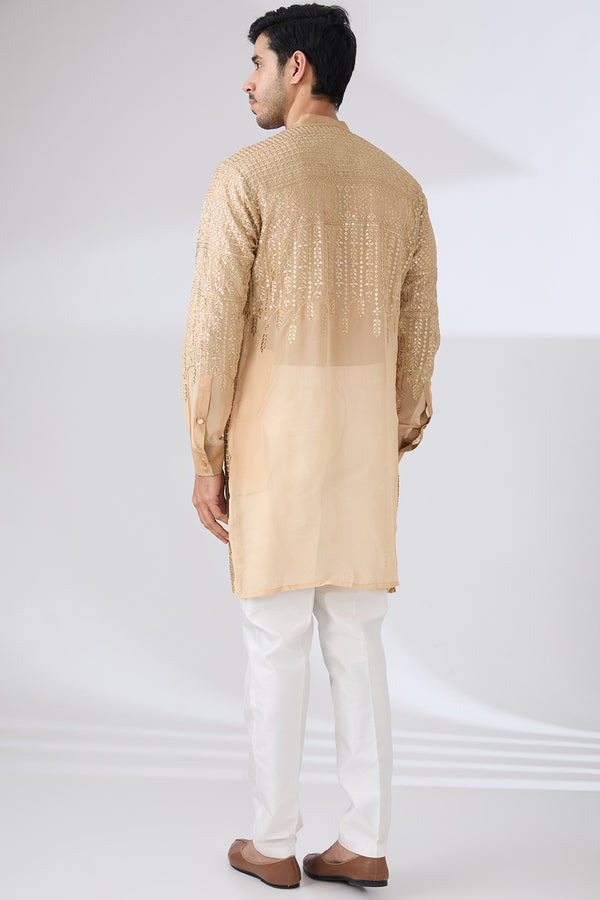 GOLD GEORGETTE UNLINED KURTA FULLY FRONT GOLD EMBROIDERED WITH BACK HALF EMBROIDERED AND PANTS