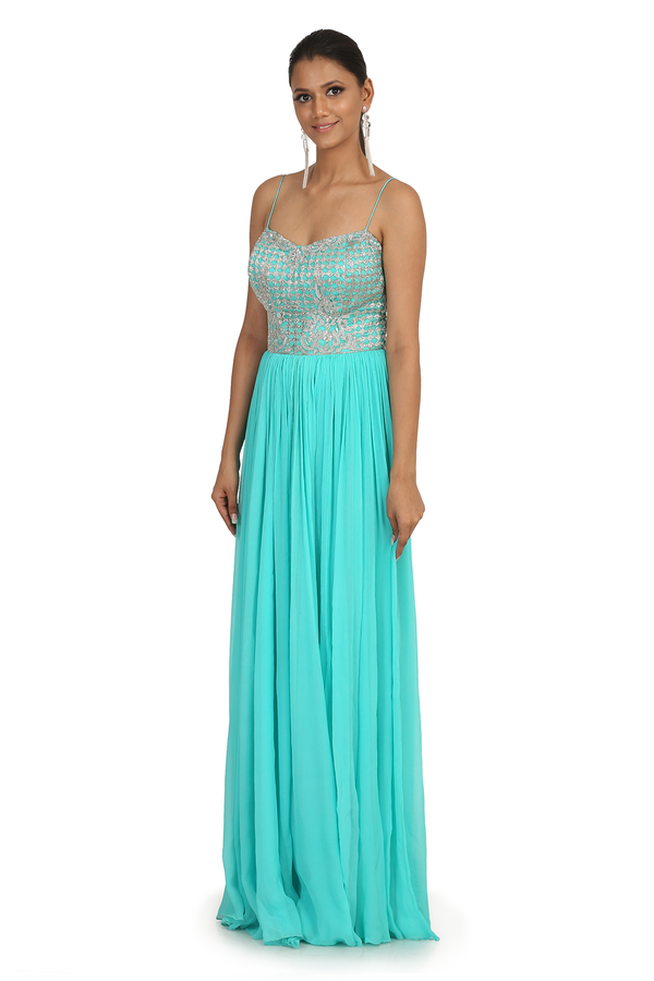 AQUA CHIFFON ROUGHED GOWN WITH JEWEL HAND EMBROIDERED BUSTIER