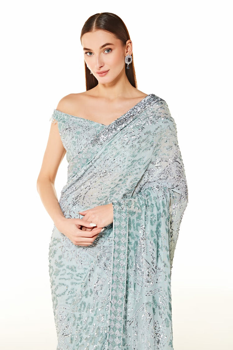 Silver Georgette Zaynab Hand Embroidered Saree