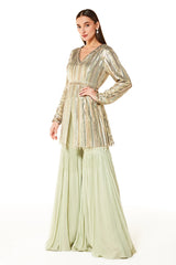 Green Dalia Sequin Embroidered Peplum And Sharara Set - Sale