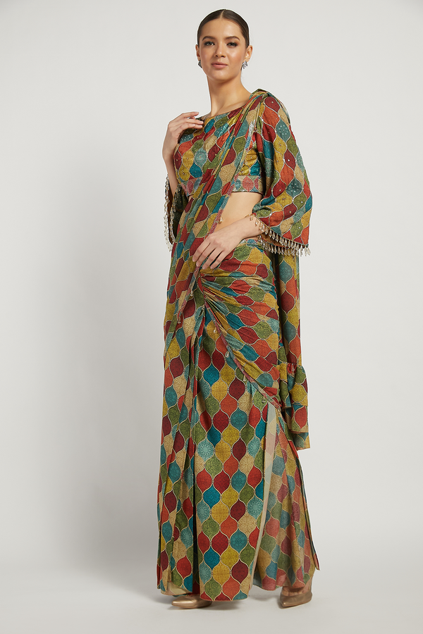 Multi Colored Printed Draped Sairaa Saree - Sale