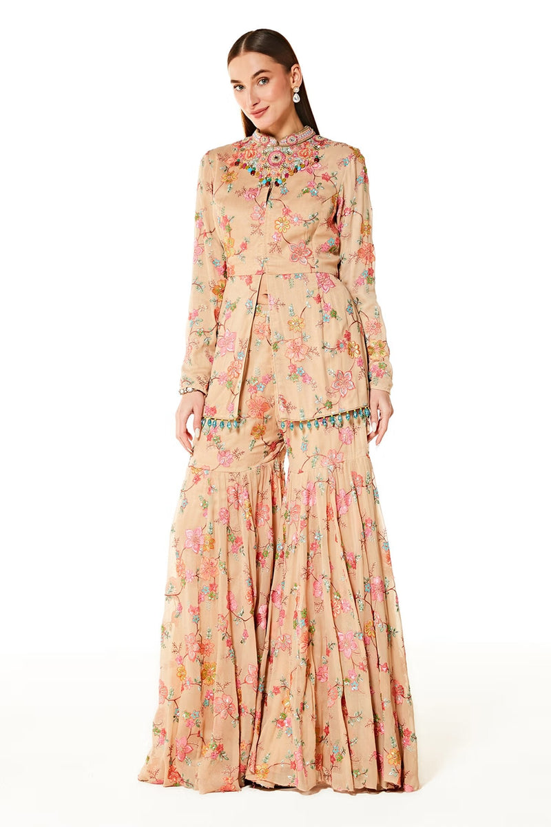 Beige Dalia Blossom Embroidered Peplum And Sharara Set - Sale