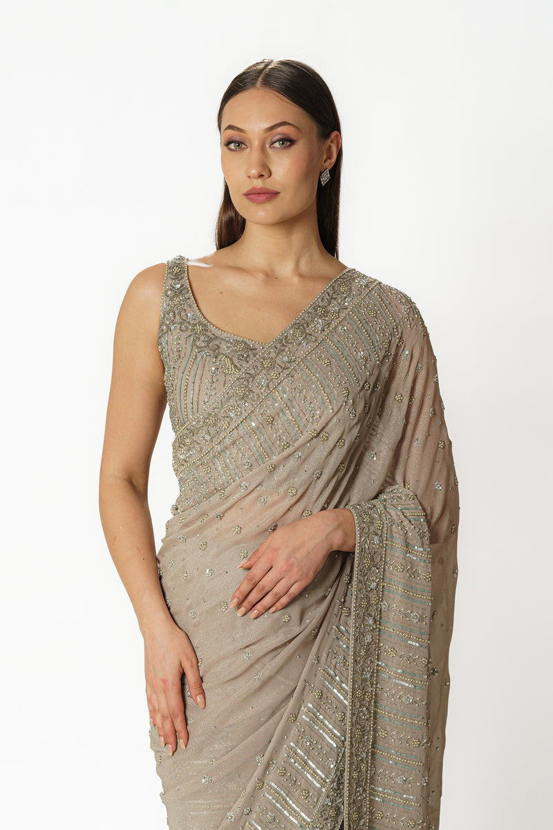 Zaynab silver grey shimmer sari set