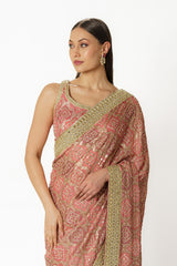 Zaynab pink hand embroidered bandhani sari set