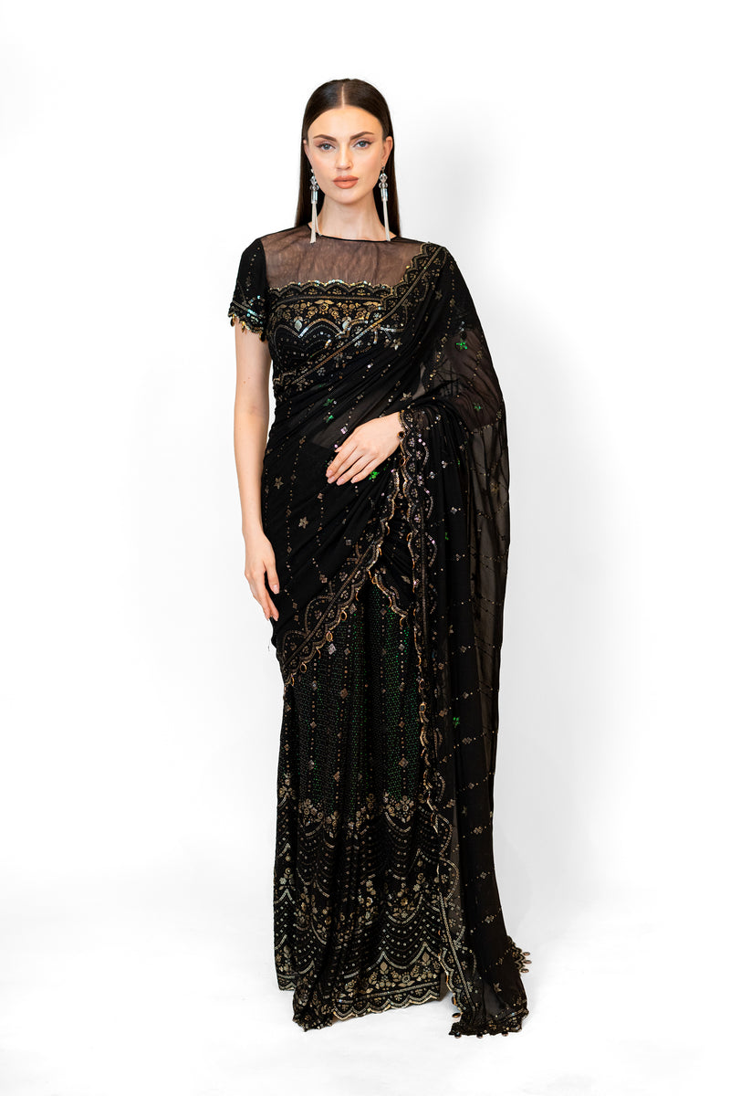 Black Stitched Georgette SAIRAA SARI SET