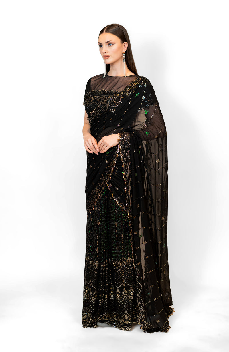 Black Stitched Georgette SAIRAA SARI SET