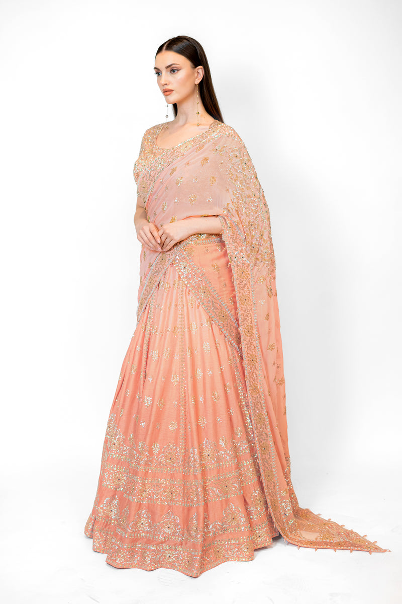 Shaded Peach Dupion Silk NADIA LEHENGA SET