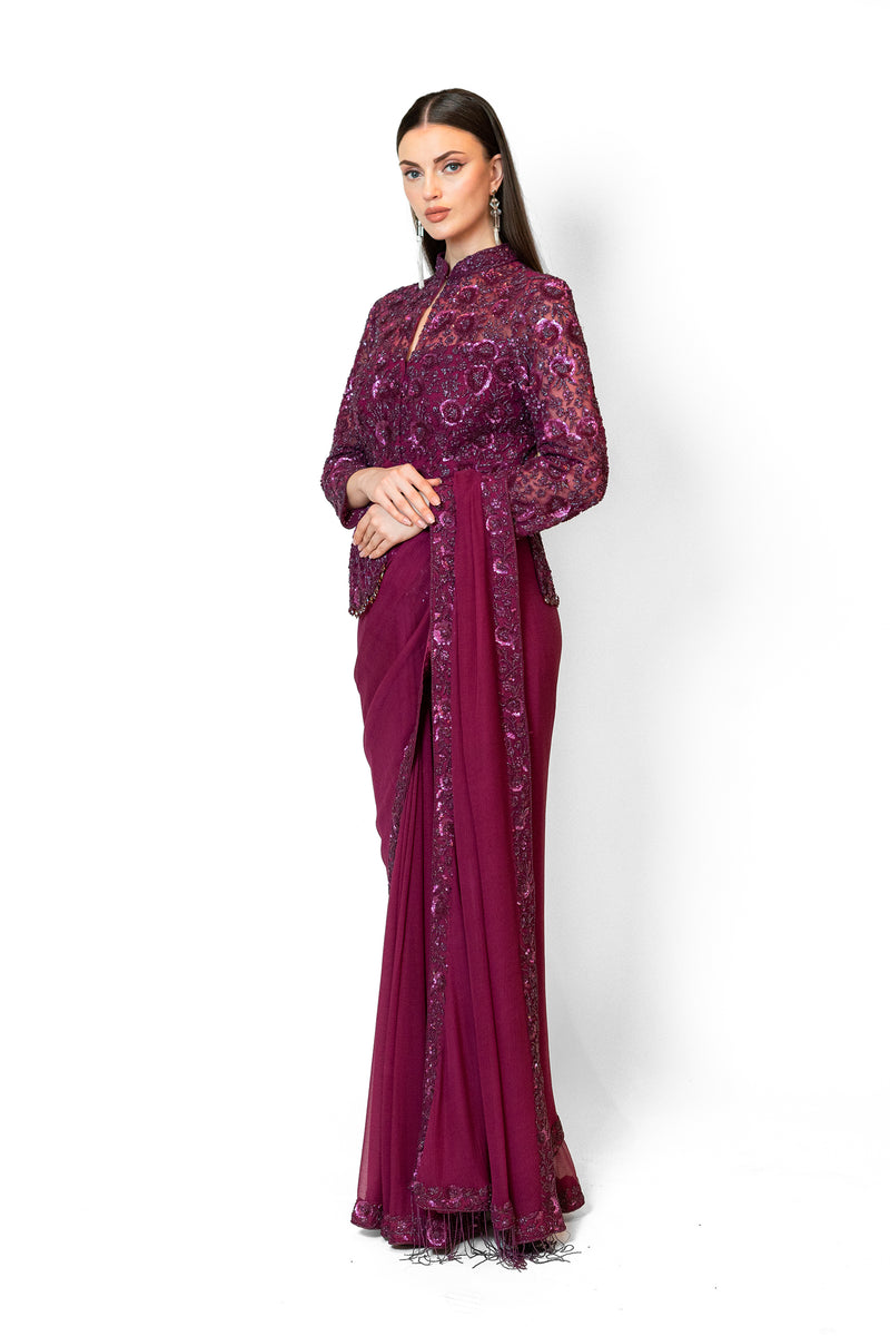 Prune Embroidered Jacket Chiffon Zaynab Sari Set