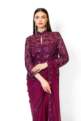 Prune Embroidered Jacket Chiffon Zaynab Sari Set