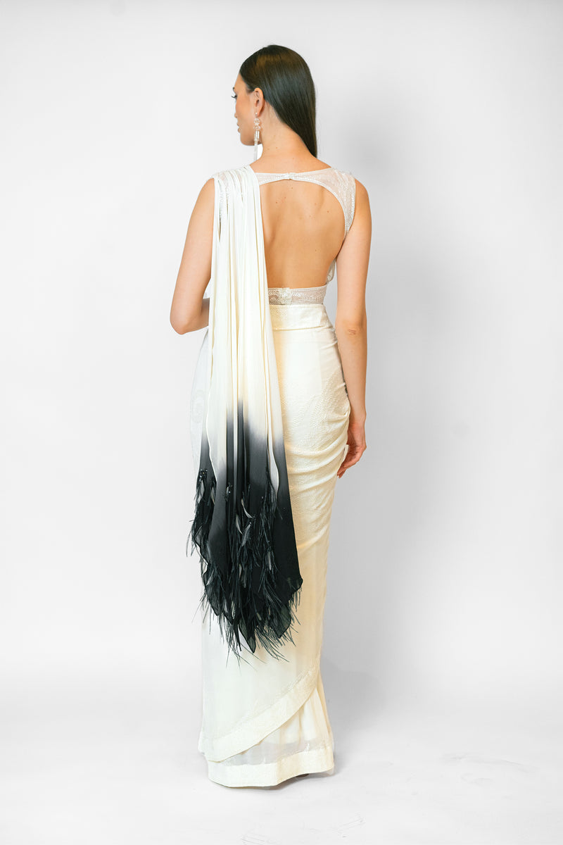 Ivory with Black Feathers Palla Georgette Zaynab Sari Set