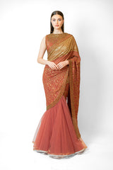 Brick Red & Gold Georgette SAIRAA SARI SET