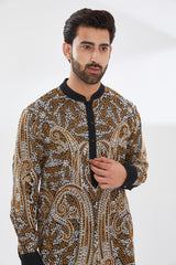 BLACK WITH IVORY/GOLD KASHMIRI EMBROIDERED UNLINED KURTA AND PANTS