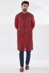 BLUE GORGETTE WITH RED RESHAM JAAL UNLINED KURTA AND BLUE PANTS