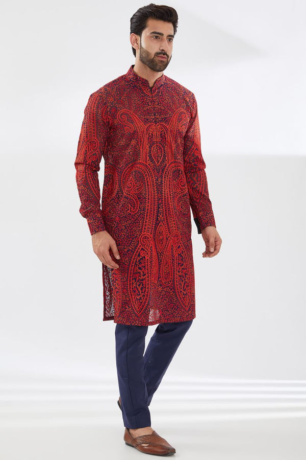 BLUE GORGETTE WITH RED RESHAM JAAL UNLINED KURTA AND BLUE PANTS