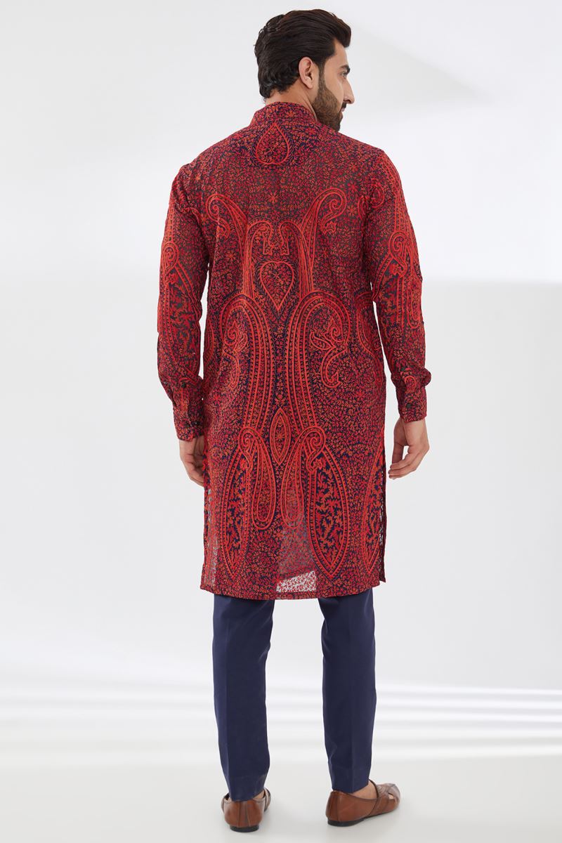 BLUE GORGETTE WITH RED RESHAM JAAL UNLINED KURTA AND BLUE PANTS