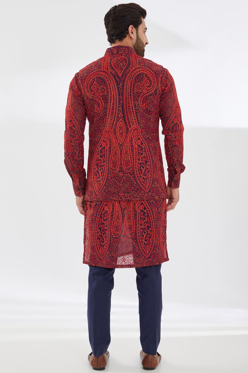 BLUE GORGETTE WITH RED RESHAM JAAL UNLINED KURTA  AND BUNDI WITH BLUE PANTS