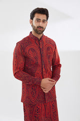 BLUE GORGETTE WITH RED RESHAM JAAL UNLINED KURTA  AND BUNDI WITH BLUE PANTS