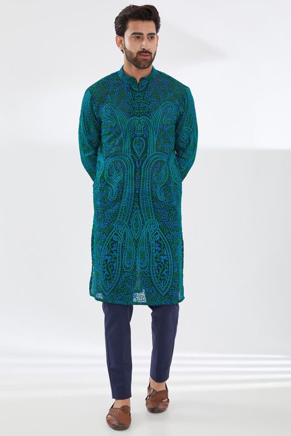 BLUE GORGETTE WITH TURQUOISE/GREEN RESHAM JAAL KURTA AND BLUE PANTS