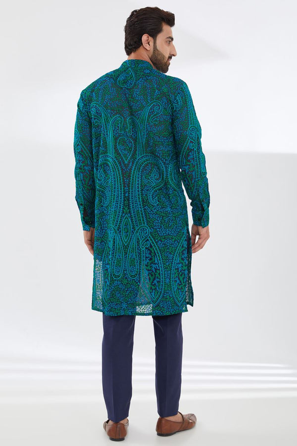 BLUE GORGETTE WITH TURQUOISE/GREEN RESHAM JAAL KURTA AND BLUE PANTS