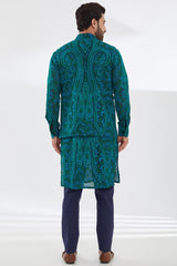 BLUE GORGETTE WITH TURQUOISE/GREEN RESHAM JAAL UNLINED KURTA AND BUNDI WITH BLUE PANTS
