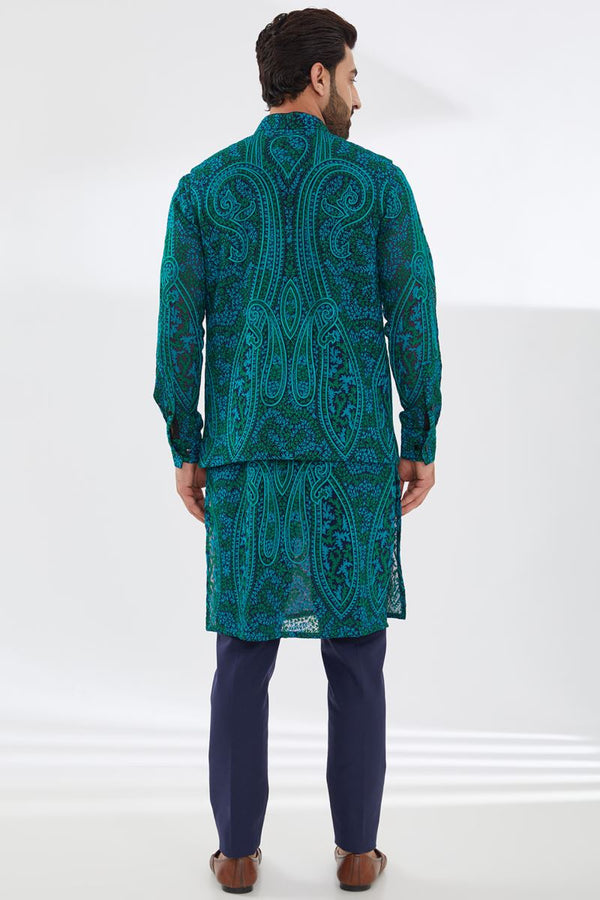 BLUE GORGETTE WITH TURQUOISE/GREEN RESHAM JAAL UNLINED KURTA AND BUNDI WITH BLUE PANTS
