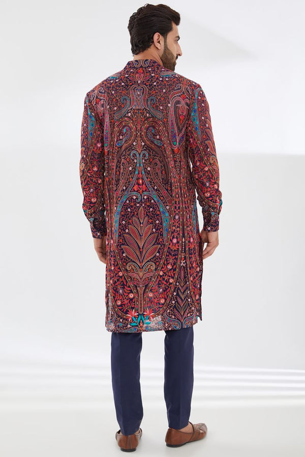 BLUE MULTI COLOR RESHAM WITH ZIP KURTA AND PANTS