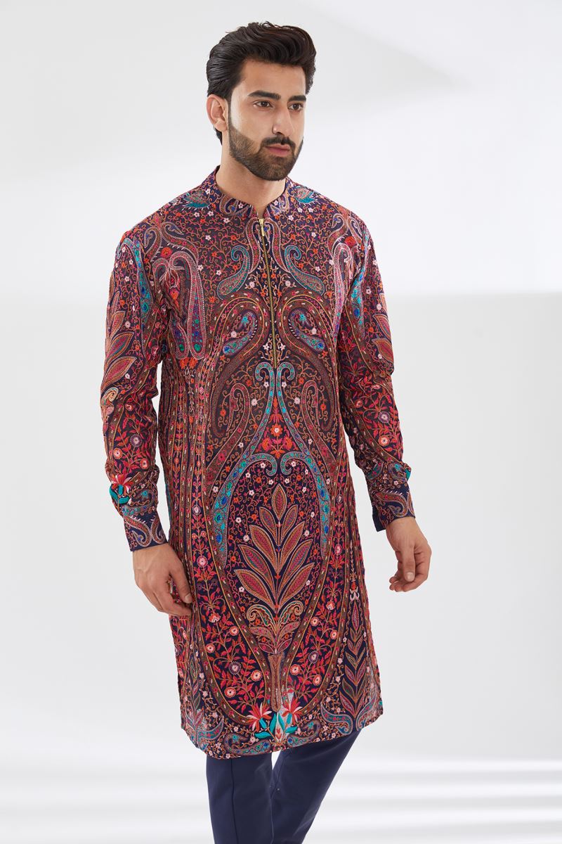 BLUE MULTI COLOR RESHAM WITH ZIP KURTA AND PANTS