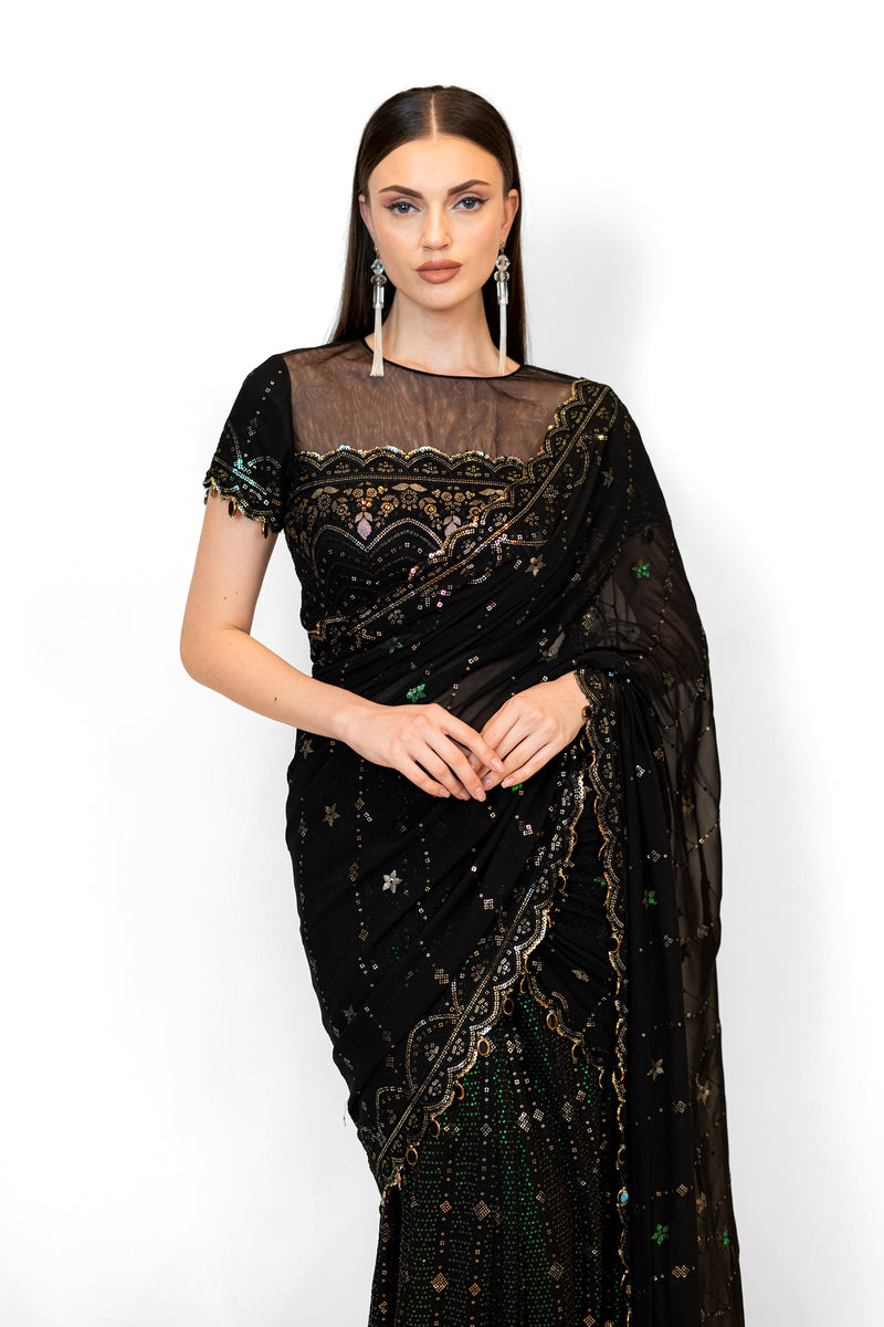 Black Stitched Georgette SAIRAA SARI SET