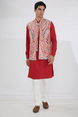 IVORY MULTI RESHAM BUNDI WITH RED SELF COTTON KURTA AND OFFWHITE PANTS