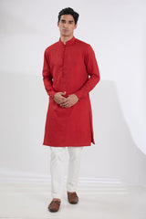 IVORY MULTI RESHAM BUNDI WITH RED SELF COTTON KURTA AND OFFWHITE PANTS