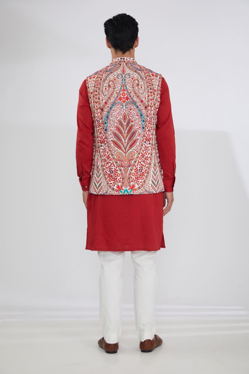 IVORY MULTI RESHAM BUNDI WITH RED SELF COTTON KURTA AND OFFWHITE PANTS