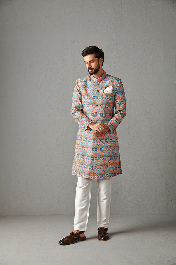 SHERWANI-BLUE WITH IVORY TROUSER