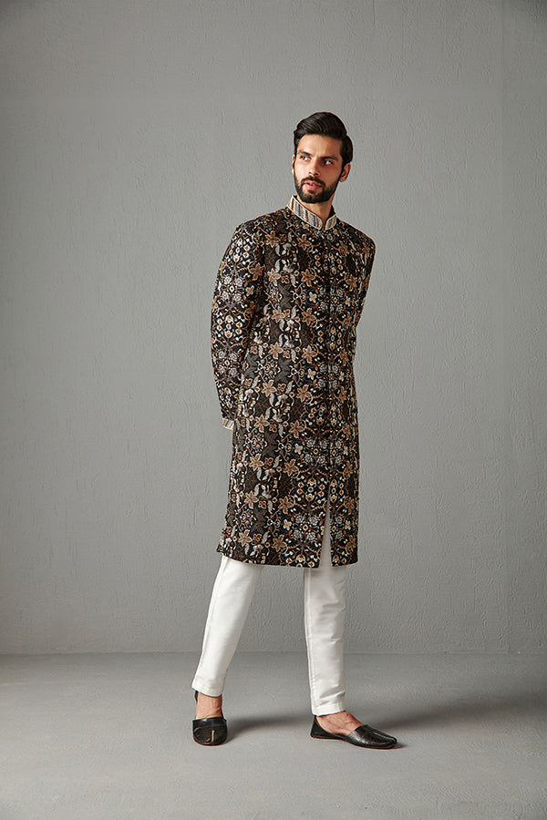 BLACK WITH IVORY TROUSER SHERWANI