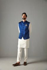 BLUE BUNDI WITH IVORY KURTA & TROUSER-KURA BUNDI SET