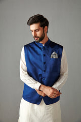 BLUE BUNDI WITH IVORY KURTA & TROUSER-KURA BUNDI SET