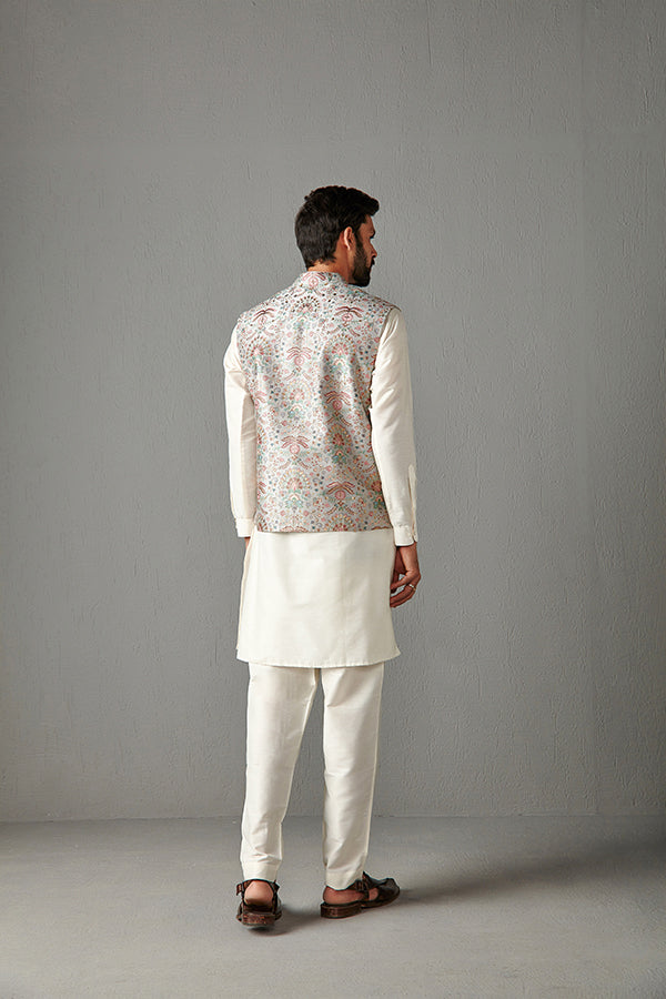 GREY BUNDI WITH IVORY KURTA & TROUSER-KURA BUNDI SET