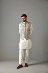 GREY BUNDI WITH IVORY KURTA & TROUSER-KURA BUNDI SET