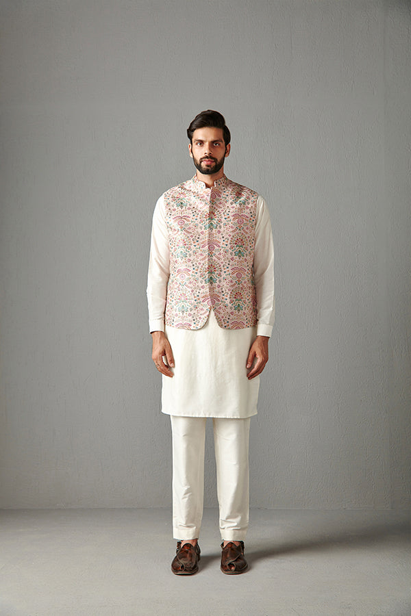 BLUSH PINK  BUNDI WITH IVORY KURTA & TROUSER KURA BUNDI SET