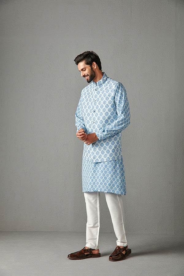 KURA BUNDI SET-AQUA BLUE WITH IVORY TROUSER