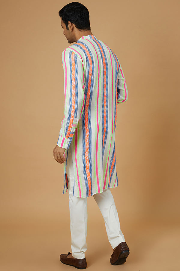 IVORY MULTI COLOR LINES COTTON KURTA AND COTTON SILK PANT