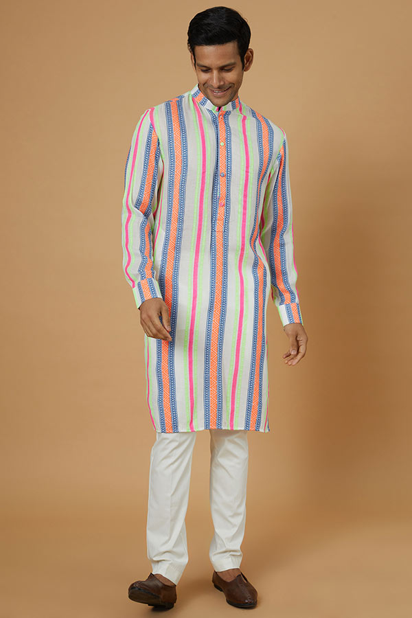 IVORY MULTI COLOR LINES COTTON KURTA AND COTTON SILK PANT