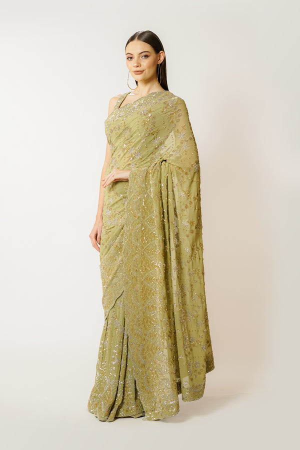 Zaynab olive green sari set