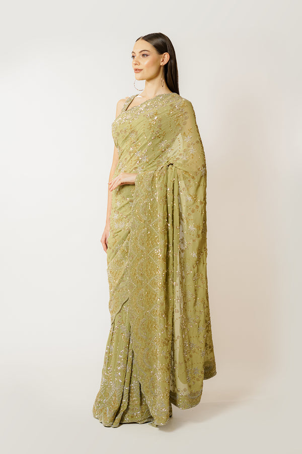 Zaynab olive green sari set