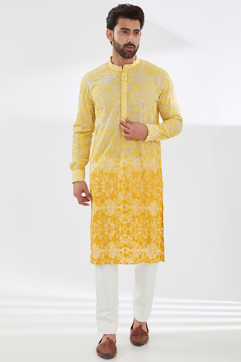 SHADED YELLOW FULLY RESHAM JAAL UNLINED KURTA WITH IVORY PANTS