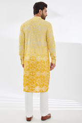 SHADED YELLOW FULLY RESHAM JAAL UNLINED KURTA WITH IVORY PANTS