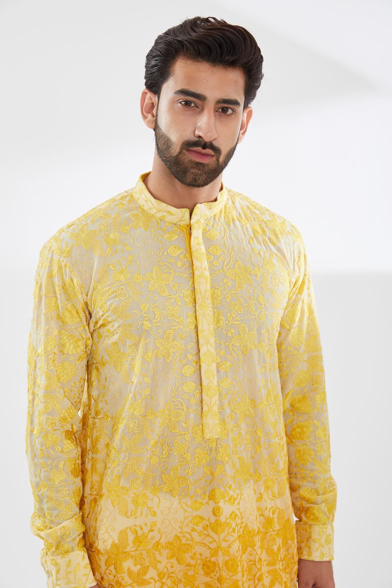 SHADED YELLOW FULLY RESHAM JAAL UNLINED KURTA WITH IVORY PANTS